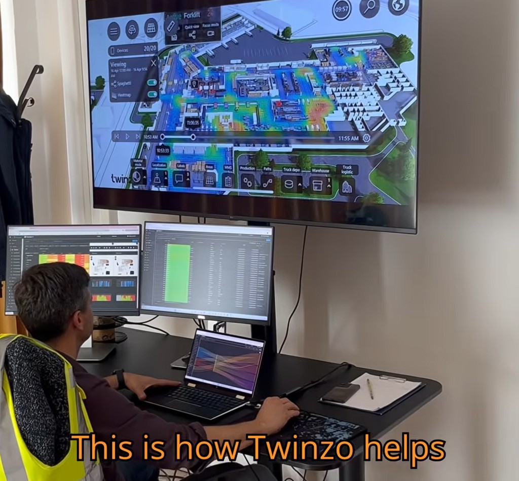 Operator at twinzo ops screens with 3D hall heatmap and analytics dashboards