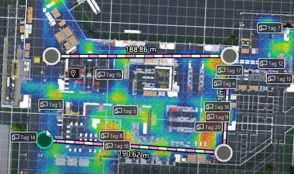 Live RTLS hall map with tagged assets on a facility model
