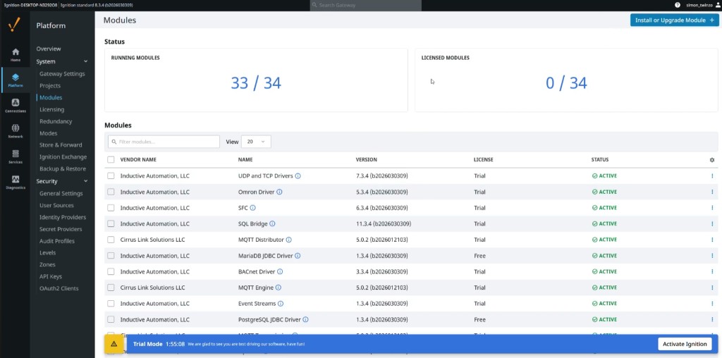 Ignition Gateway Modules page with MQTT, SQL Bridge, and drivers active