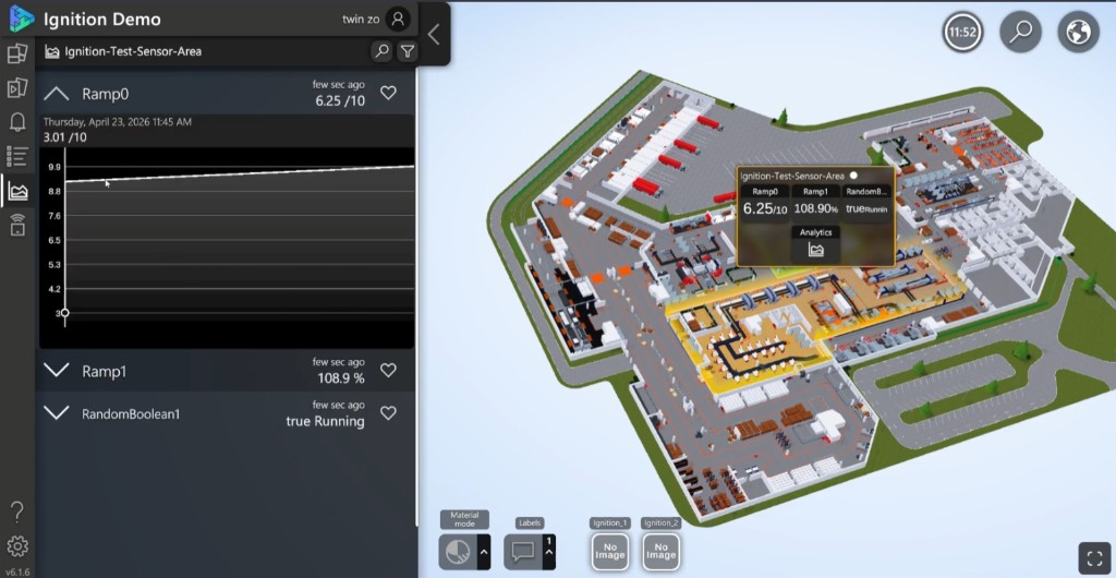 twinzo 3D analytics drilldown for Ignition-Test-Sensor-Area with live Ramp trend