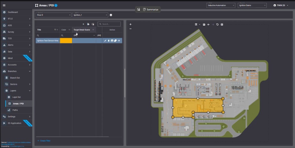 twinzo Areas and POI with Ignition-Test-Sensor-Area drawn on the plant floor plan