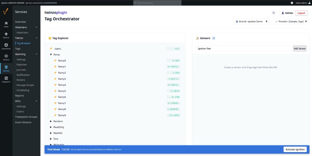 Ignition twinzoplugin Tag Orchestrator mapping Sample Tags to an Ignition-Test sensor