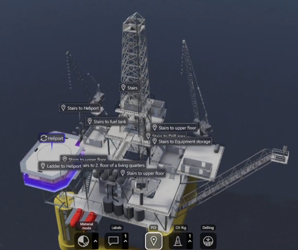 Oil rig twin with POI labels for stairs, decks, and heliport access