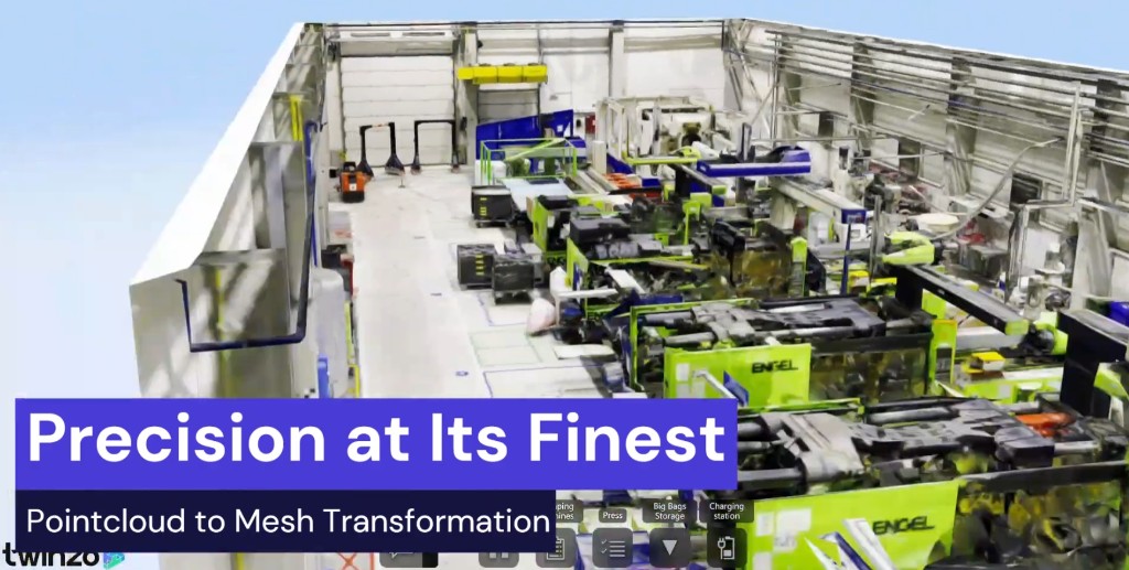 Point cloud to mesh transformation of an injection molding hall with ENGEL presses in twinzo