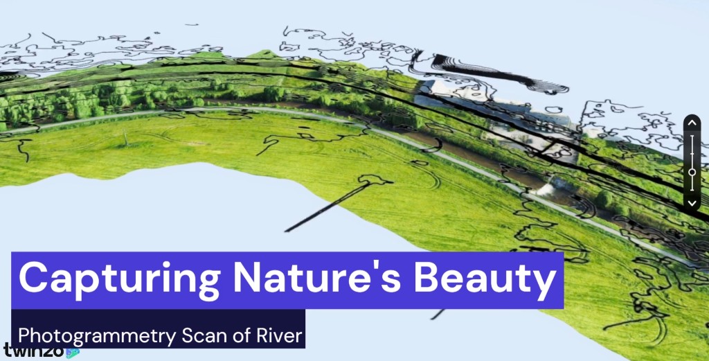 Aerial photogrammetry terrain mesh of a river landscape with contour lines showing elevation structure