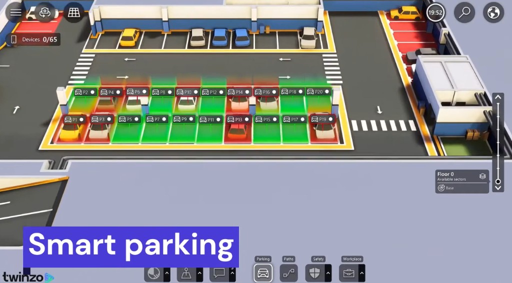 Smart parking layer in twinzo with free and occupied bays P1 to P20