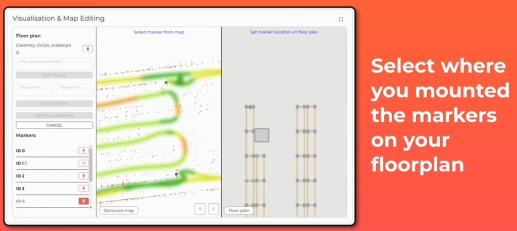 Slamcore visualisation tool aligning SLAM map markers to a warehouse floor plan with scale and origin controls