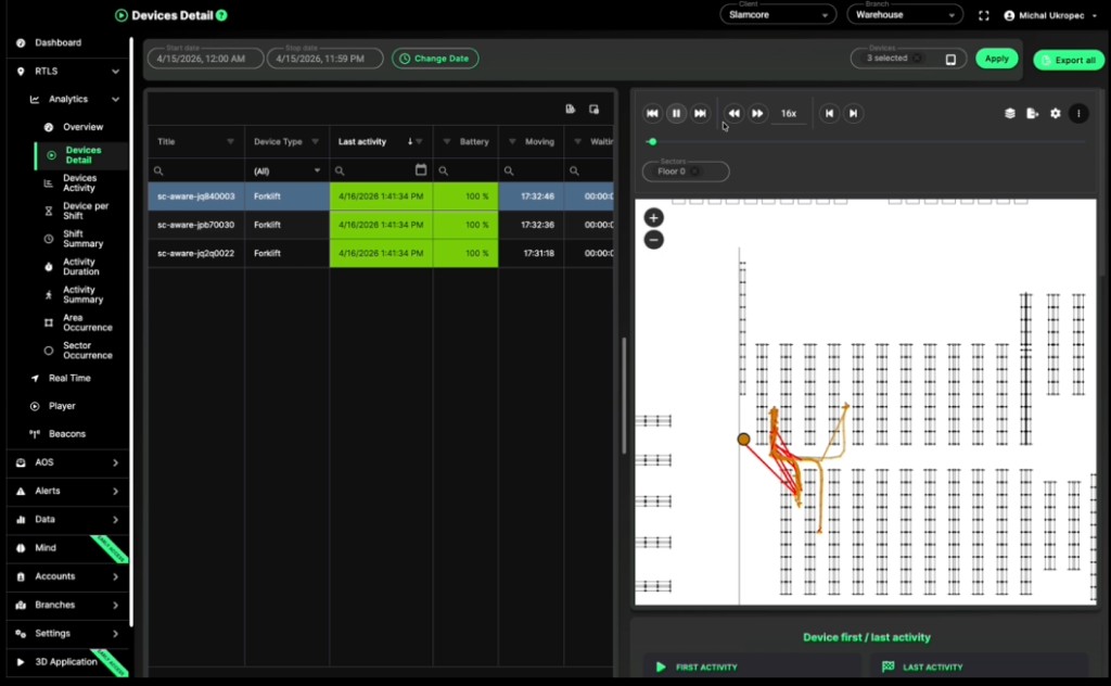 twinzo RTLS devices detail with Slamcore forklift tracks replayed on warehouse floor plan