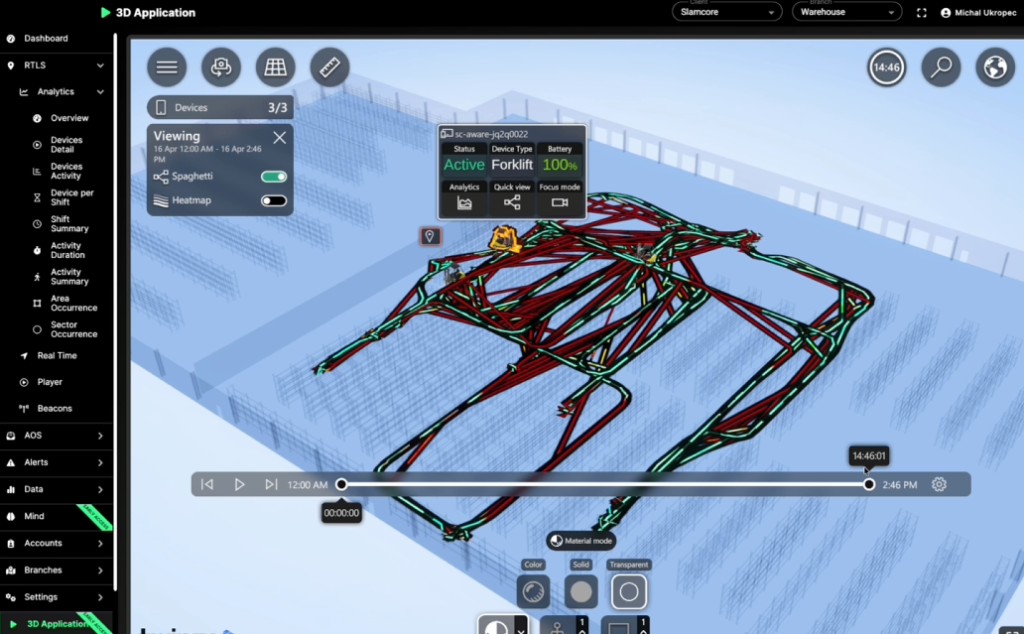 twinzo 3D application showing Slamcore forklift spaghetti trajectories over a warehouse twin