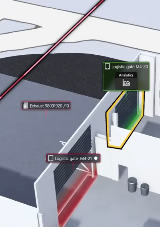Logistic gates M4-20 and M4-21 highlighted green and red next to exhaust labels on the twin