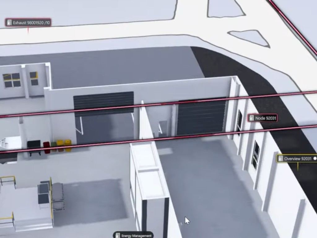 twinzo 3D plant twin with exhaust, energy management, and gate labels on one layout