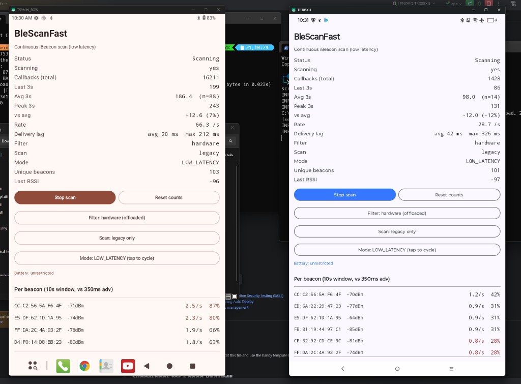 BleScanFast screenshots: Teclast T50 Mini left versus Lenovo TB305XU right on the same continuous iBeacon scan
