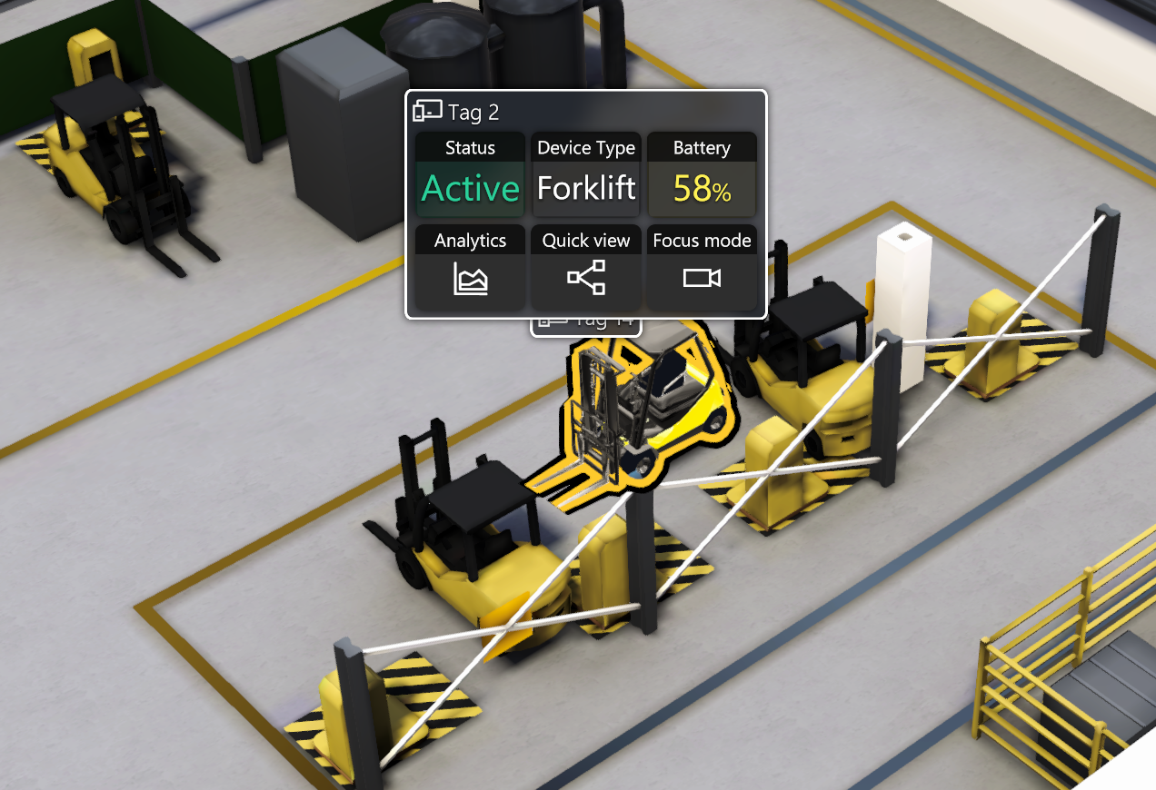 Forklift on the plant floor with a live RTLS tag pin showing status and battery